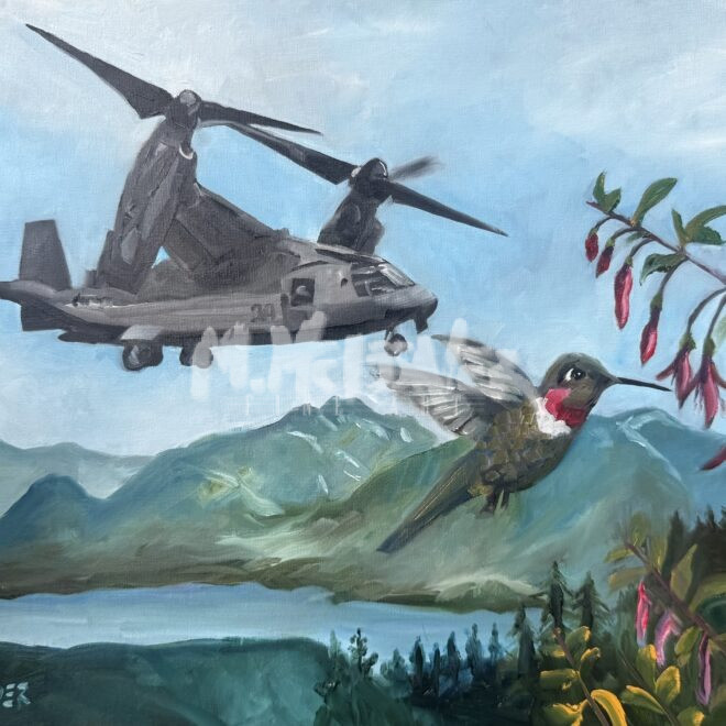 A painting depicts a large military Osprey and a hummingbird side by side, flying above mountains and a lake, with pink flowers in the foreground and blue sky in the background.