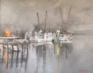 Fishing boats docked on a foggy harbor; muted colors dominate, with reflections dancing on the water and soft yellow and orange lights glowing from the boats—enhancing the tranquil misty atmosphere reminiscent of Morning Fog, #3 in the Salt Marsh Collection. The gentle illumination blends seamlessly with the morning haze, evoking a serene sense of quiet stillness.