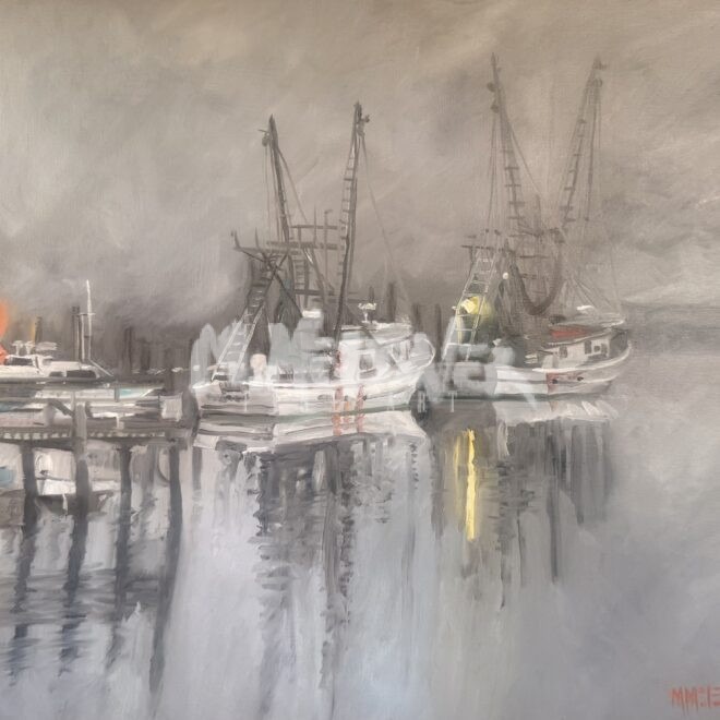 Fishing boats docked on a foggy harbor; muted colors dominate, with reflections dancing on the water and soft yellow and orange lights glowing from the boats—enhancing the tranquil misty atmosphere reminiscent of Morning Fog, #3 in the Salt Marsh Collection. The gentle illumination blends seamlessly with the morning haze, evoking a serene sense of quiet stillness.
