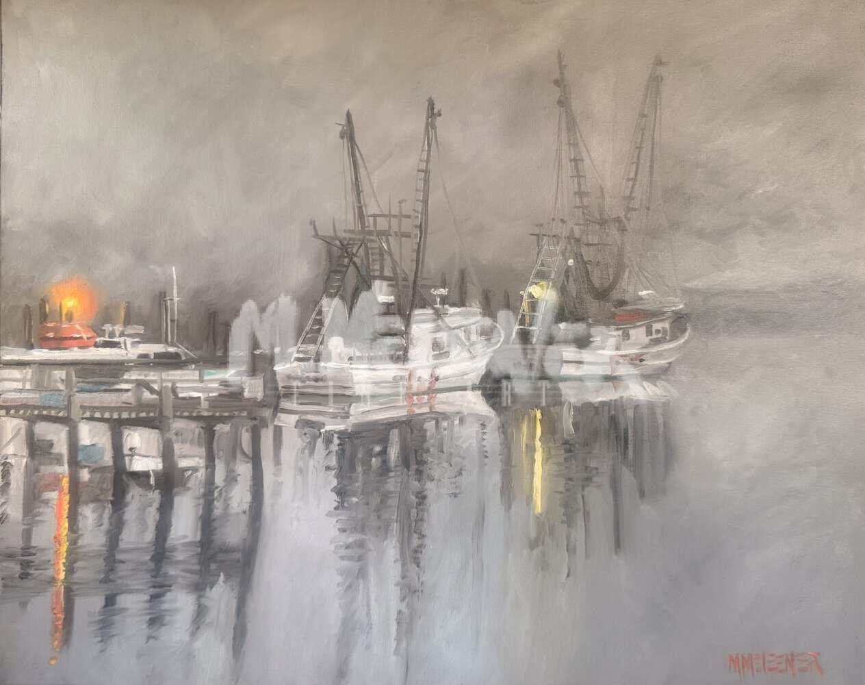 Fishing boats docked on a foggy harbor; muted colors dominate, with reflections dancing on the water and soft yellow and orange lights glowing from the boats—enhancing the tranquil misty atmosphere reminiscent of Morning Fog, #3 in the Salt Marsh Collection. The gentle illumination blends seamlessly with the morning haze, evoking a serene sense of quiet stillness. Fishing boats docked on a foggy harbor; muted colors dominate, with reflections dancing on the water and soft yellow and orange lights glowing from the boats—enhancing the tranquil misty atmosphere reminiscent of Morning Fog, #3 in the Salt Marsh Collection. The gentle illumination blends seamlessly with the morning haze, evoking a serene sense of quiet stillness.