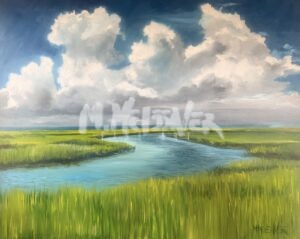 Marsh Greens - #4 in the Salt Marsh Series is a landscape painting that showcases a grassy marsh adorned with vibrant green hues, featuring a winding blue river beneath a sky filled with large, fluffy white clouds.