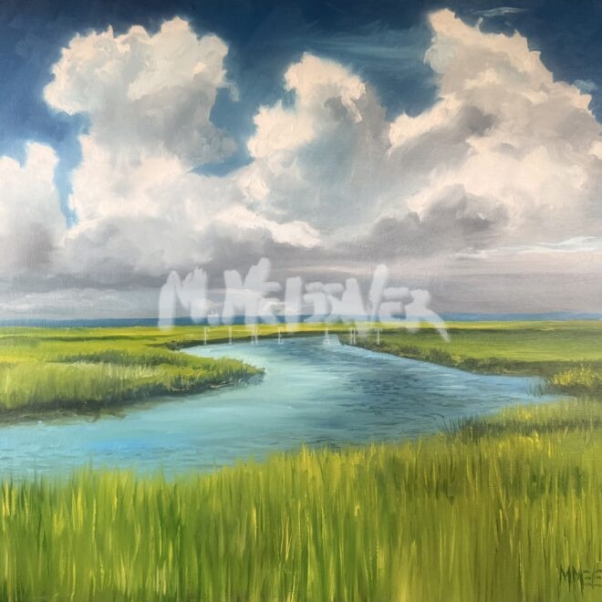 Marsh Greens - #4 in the Salt Marsh Series is a landscape painting that showcases a grassy marsh adorned with vibrant green hues, featuring a winding blue river beneath a sky filled with large, fluffy white clouds.