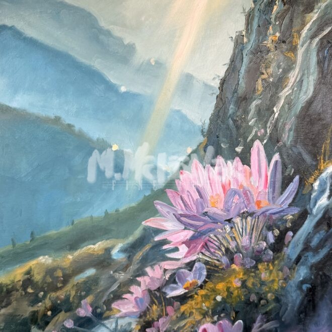 Mountain Pink blooms delicately among purple wildflowers on a rocky mountain slope, illuminated by a golden sunbeam, with misty blue mountains and a bright sky in the background.