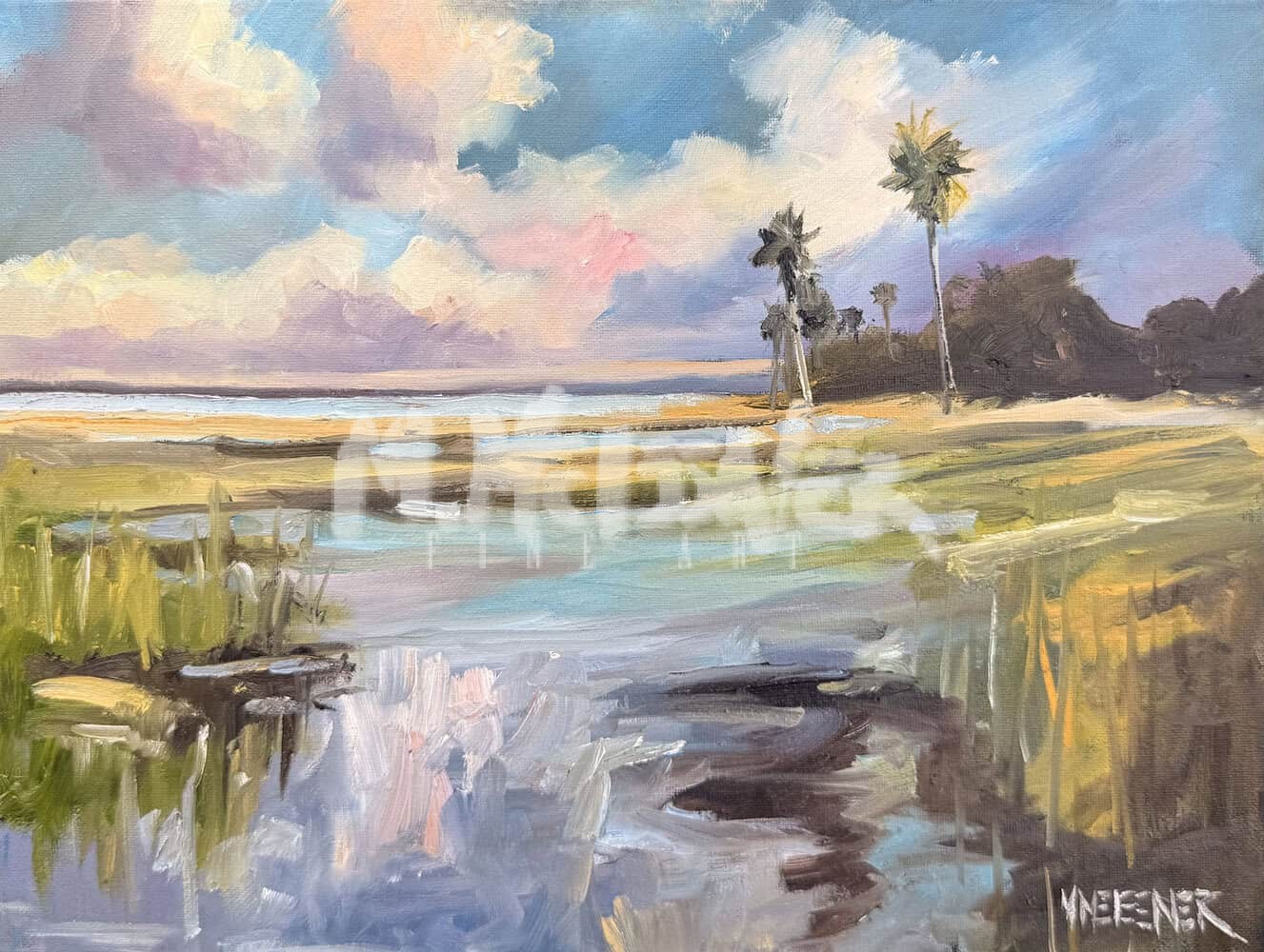 An impressionist painting of a coastal landscape with palm trees, grassy marsh, shallow water, and a vibrant sky with clouds at sunset or sunrise—part of the stunning collection of Original Oil Paintings by Michael Meissner. An impressionist painting of a coastal landscape with palm trees, grassy marsh, shallow water, and a vibrant sky with clouds at sunset or sunrise—part of the stunning collection of Original Oil Paintings by Michael Meissner.