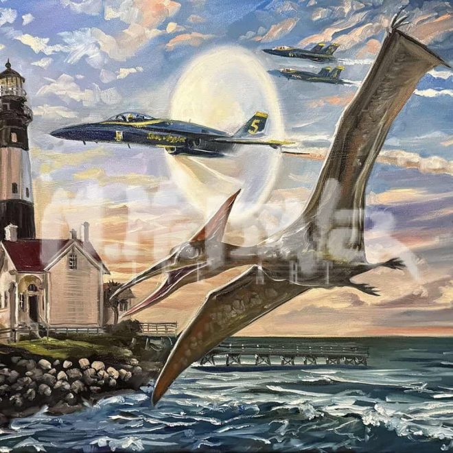 Beneath a sunset sky by the sea, the Pterodactyl and Blue Angles set features a pterodactyl gliding near a lighthouse as three Blue Angels fighter jets streak overhead, painting colorful smoke trails across the horizon.