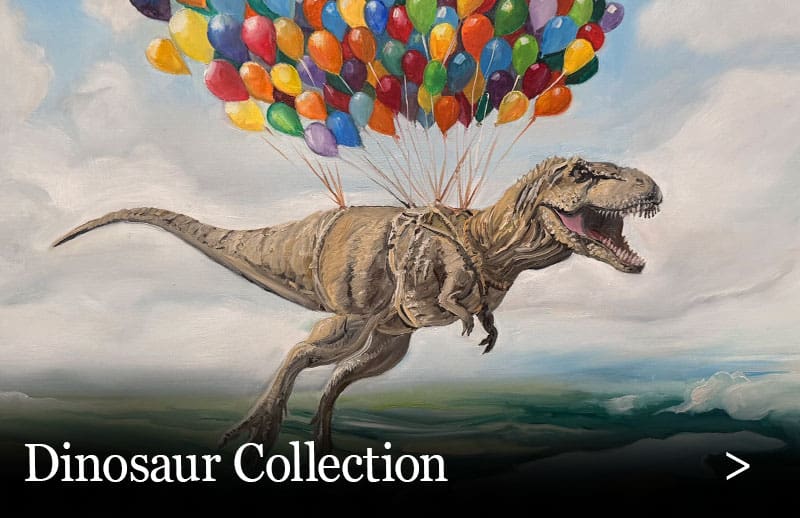 A painting of a T. rex flying in the sky, lifted by many colorful balloons tied to its back. Text at the bottom reads Dinosaur Collection..