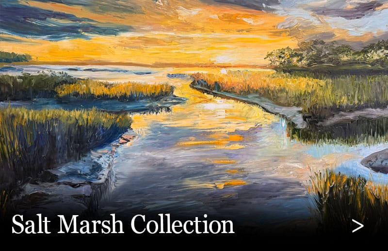 A vivid painting of a salt marsh at sunset, with golden light reflecting on water, tall grasses, and a dramatic sky. Text reads Salt Marsh Collection at the bottom left.
