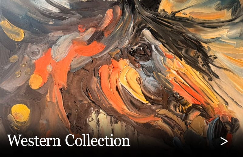 Abstract painting of a horses head with bold brush strokes in orange, yellow, gray, and brown tones. Text at the bottom reads Western Collection with an arrow symbol.
