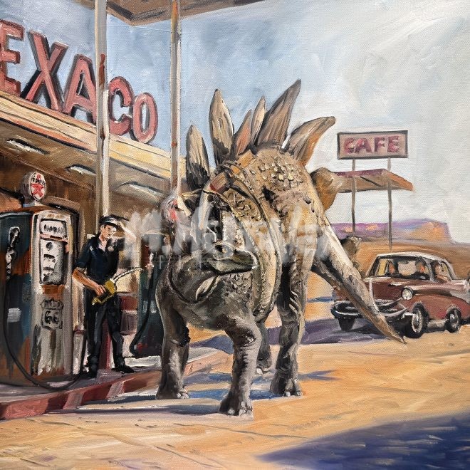 Stegosaurus at a Gas Station