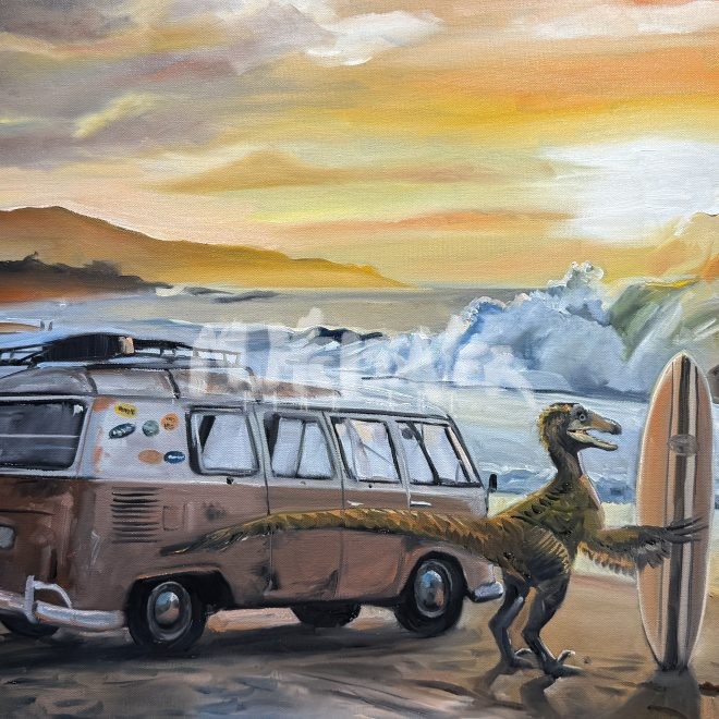 Dinosaur Watching surfers with a VW Bus