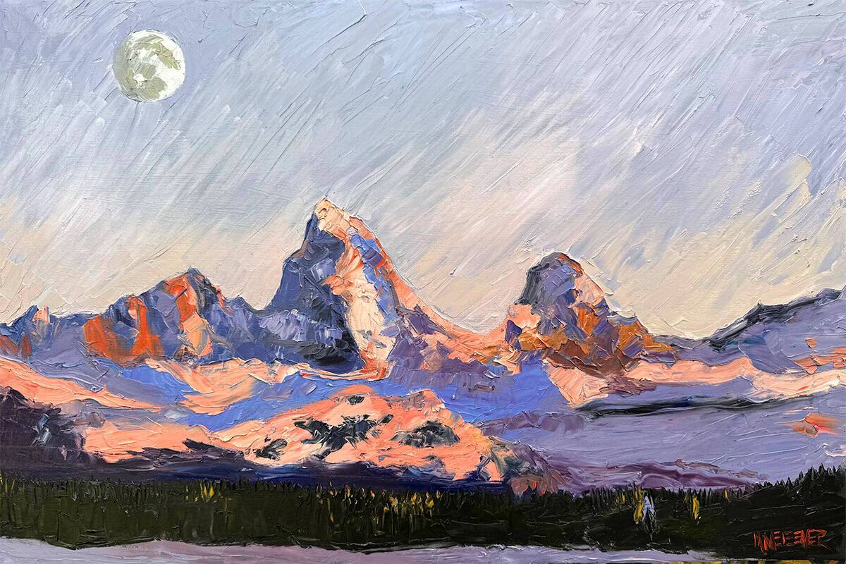 An impressionist painting of jagged, snow-covered mountain peaks at sunrise or sunset, bathed in pink and orange light, with a bright full moon in the sky and a dark forest at the base.