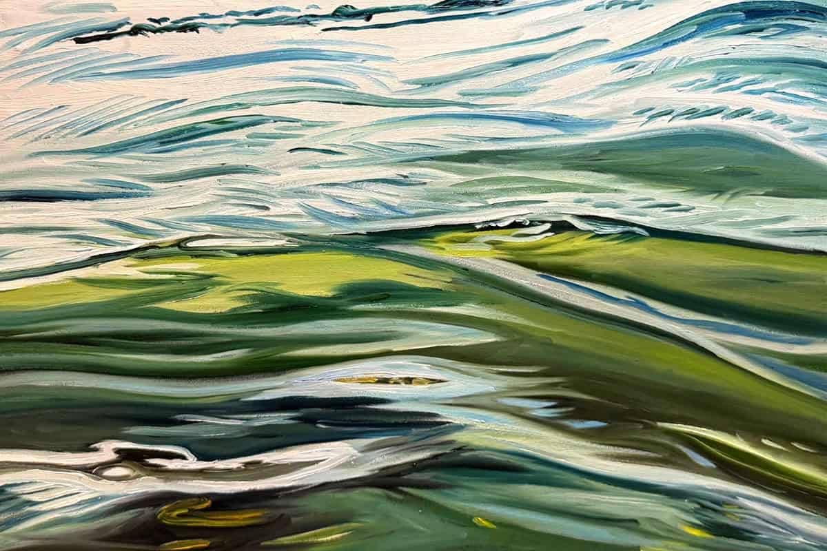 An abstract painting of ocean waves, featuring swirling strokes of blue, green, and white, capturing the movement and fluidity of water.