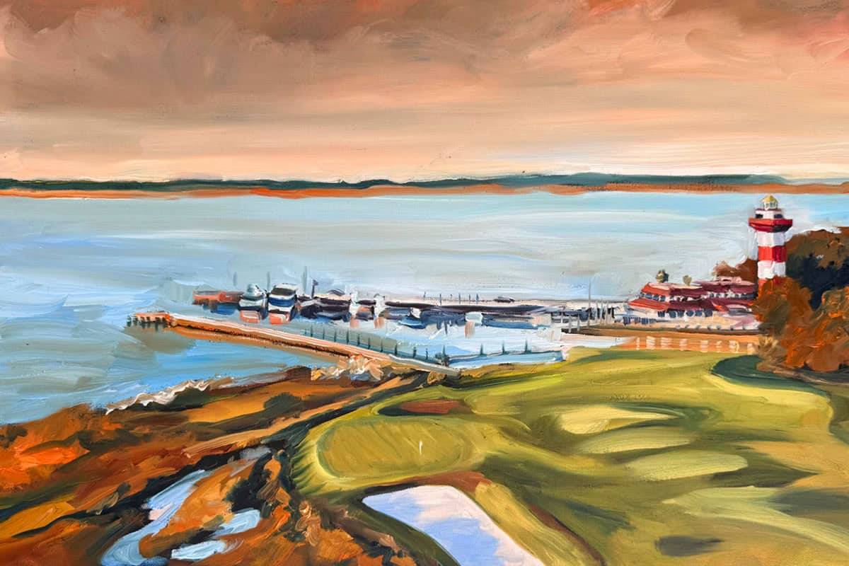 An impressionist painting of a coastal scene at sunset, featuring a marina with boats, a red-and-white striped lighthouse, and a golf course with green fairways in the foreground.