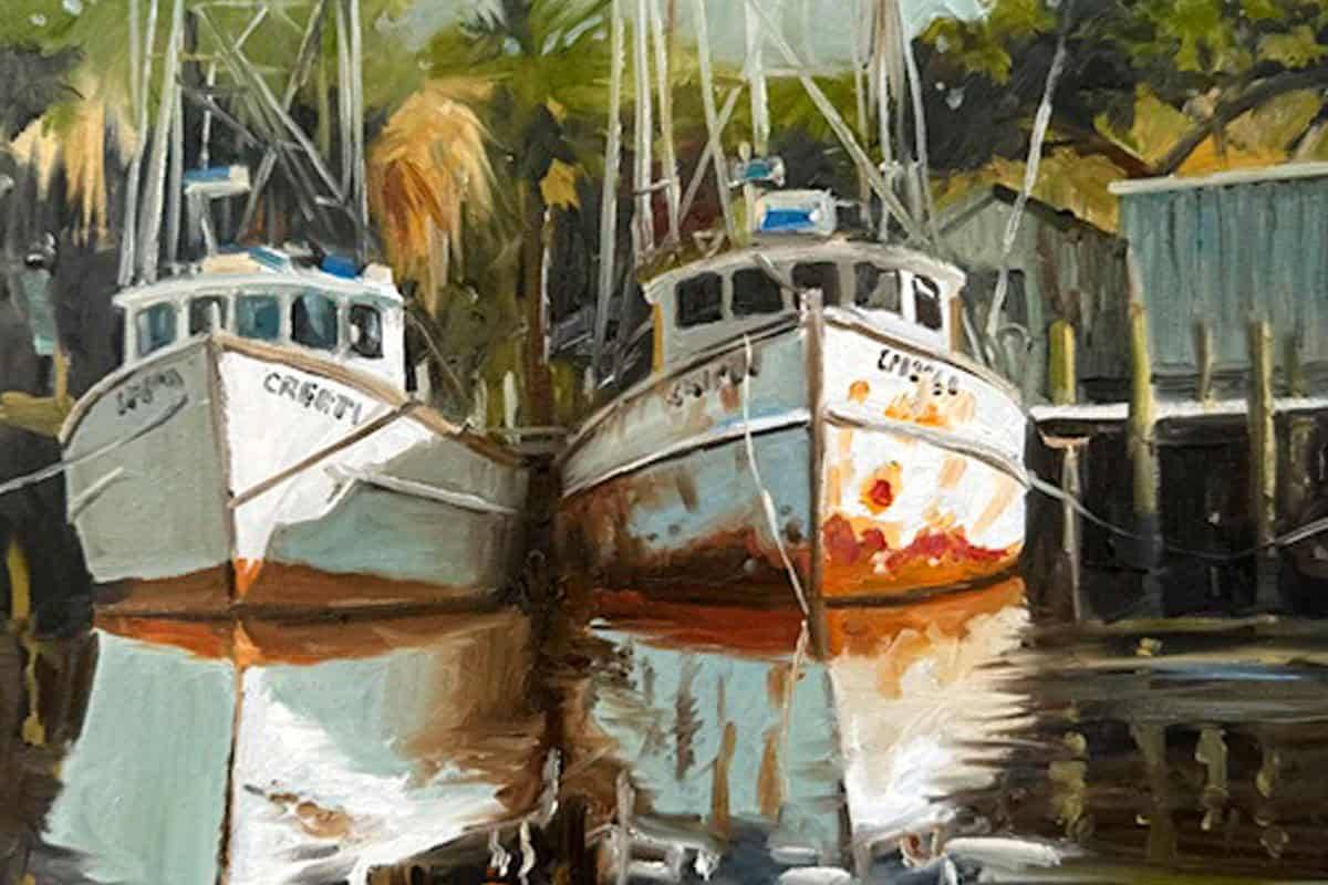 Two fishing boats docked side by side on calm water, reflecting their images. The boats have visible rust and wear, with trees and a wooden shed in the background. The scene appears to be painted with soft, natural colors.