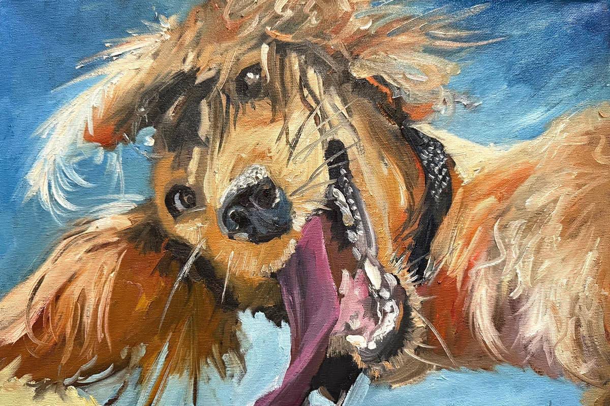 An expressive painting of a playful dog with shaggy fur, mouth open, tongue out, and ears flopping against a bright blue background, capturing an energetic, joyful moment.